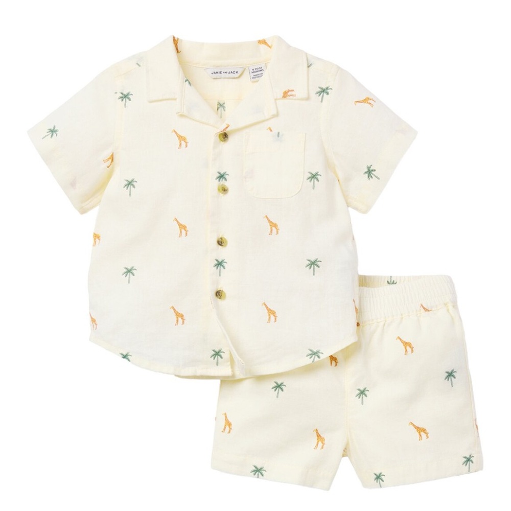 Janie & Jack baby boy safari animal 2pc linen set top & shorts neutral 6-12 m